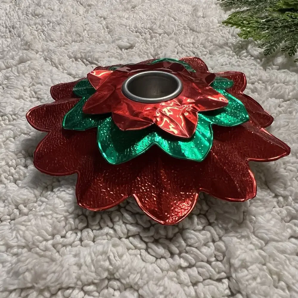 Vintage Red Green Happy Holiday Fireproof Poinsettia Aluminum Candle Holders USA